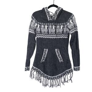 Andes Import Alpaca Peruvian Knit Pullover Sweater XS/S Gray Pocket Hood Soft